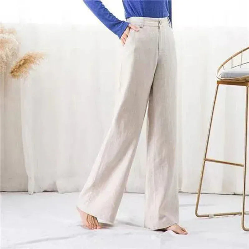 T-line High Waist, White Wide Leg Pants, Summer  Cotton Linen Pants,   Straight Full Trousers Female (2 weeks delivery)