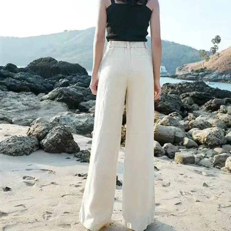 T-line High Waist, White Wide Leg Pants, Summer  Cotton Linen Pants,   Straight Full Trousers Female (2 weeks delivery)