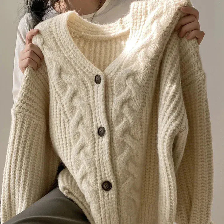 T-line Ivory / One Size Thick Women Cardigan, Knitted, Sweater, Autumn / Winter,  Long Sleeve,  sweater jacket , Female (2 weeks delivery)