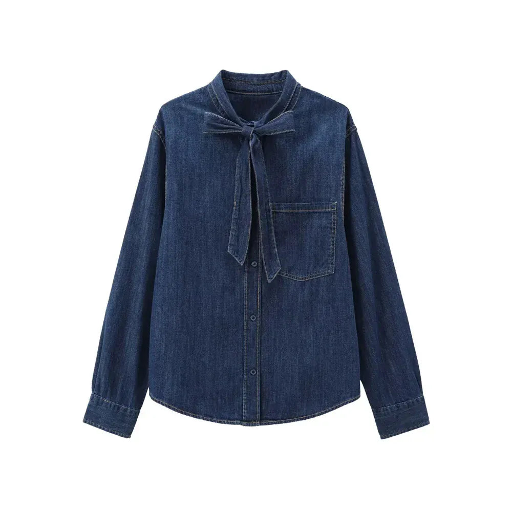 T-line Jeans / XS Long Sleeve  Shirts, for Women, Button-up, Patch Pocket, Denim Blouses, shirt,  (2 weeks delivery)