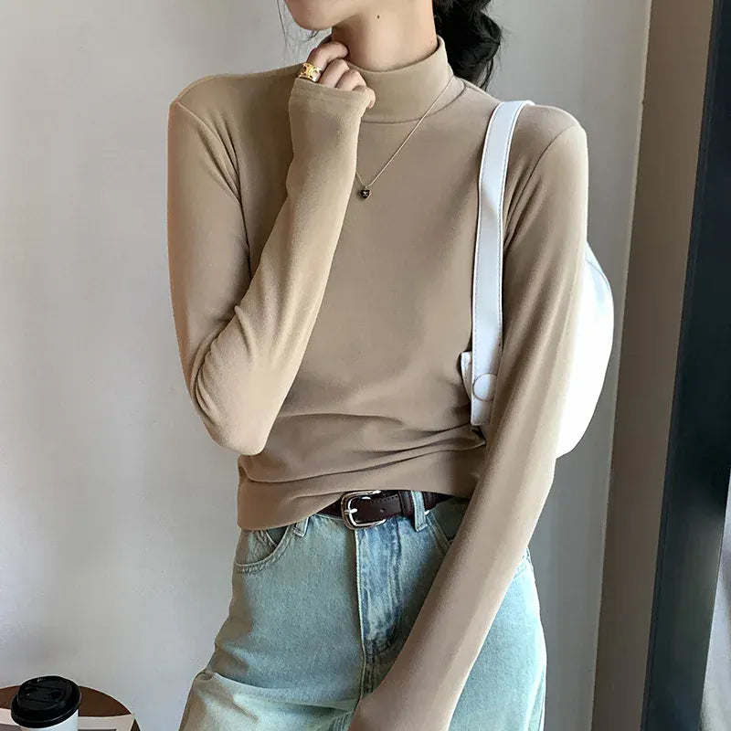T-line Khaki / M Half-High Neck, Double-Sided Fleece,  Base Shirt for Women, Autumn / Winter, Long-Sleeve Top, Warm, pullover, sweater  (2 weeks delivery)
