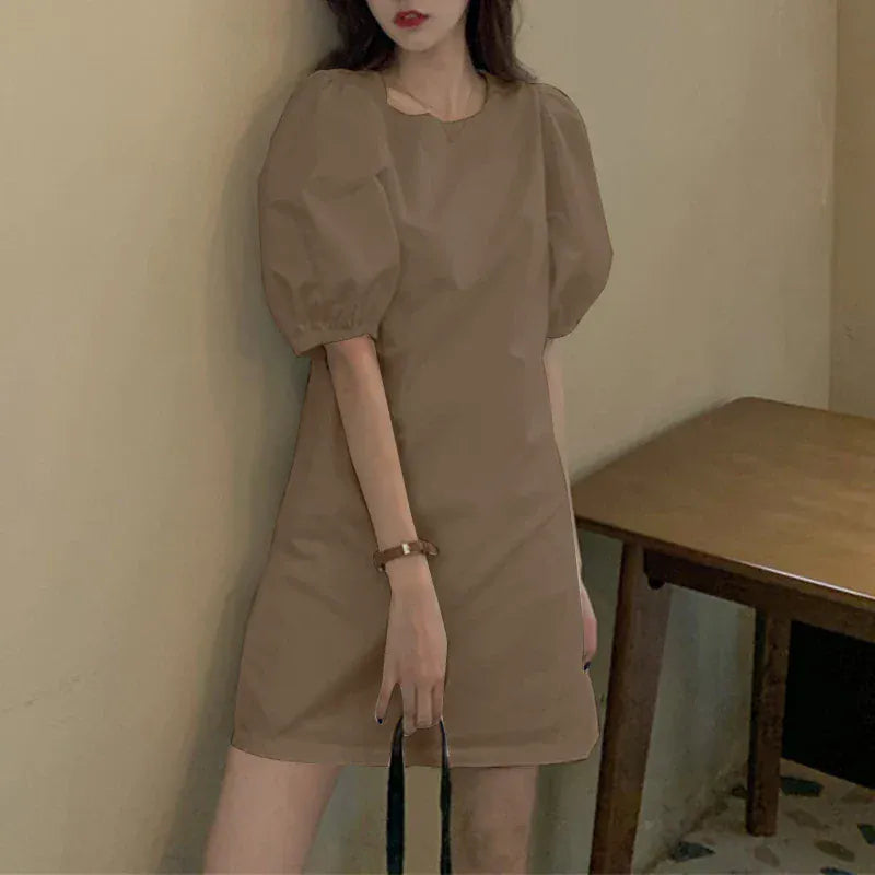 T-line Khaki / M Mini Dress,  Women,  Short Puff Sleeve,  Solid color,  O Neck, Loose,  Holiday / vacation (2 weeks delivery)