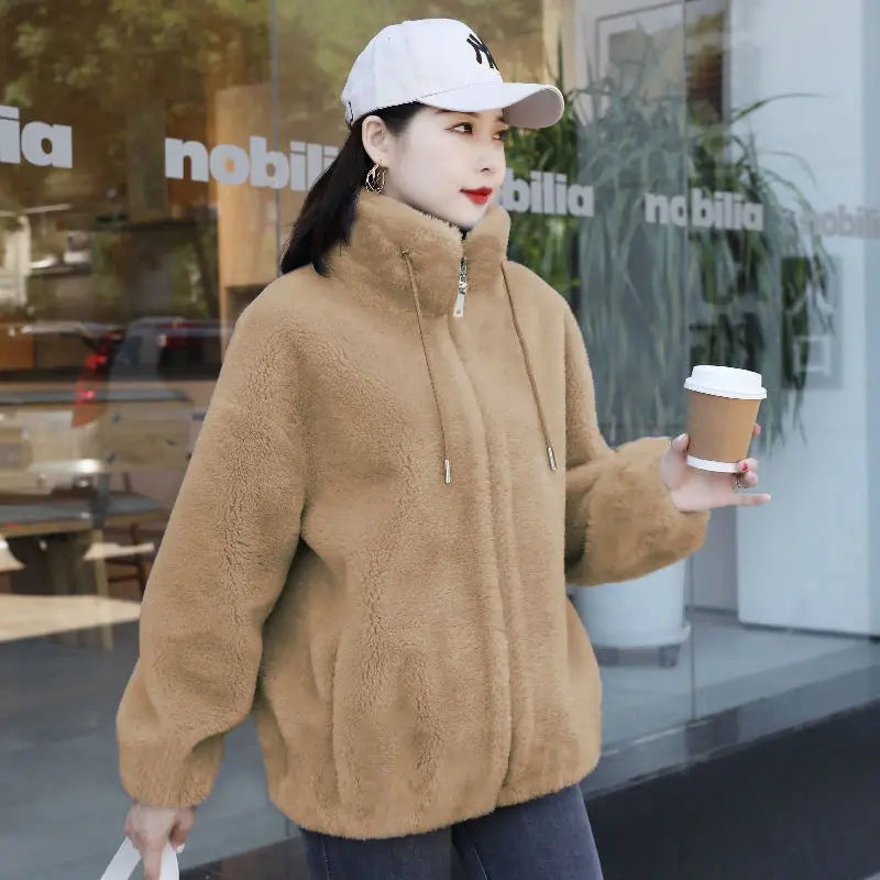 T-line Khaki / M Women Winter Double  Fleece Warm Coat, Thick Overcoat Female, Long Sleeve Zipper Clothes(2 weeks delivery)