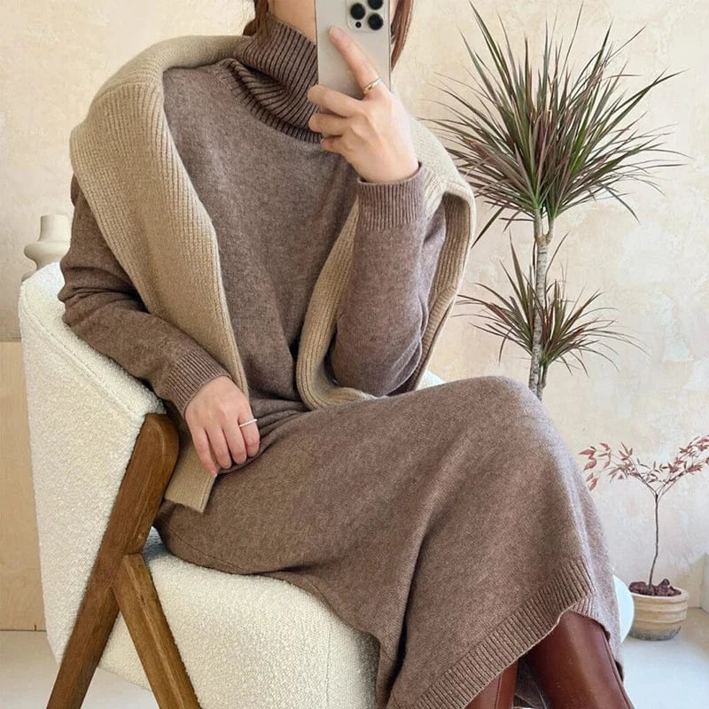 T-line Khaki / One Size Autumn / Winter Sweater, Dress, Women  Long Sleeve, Thicken Loose Knitted, Long Dresses (2 weeks delivery)