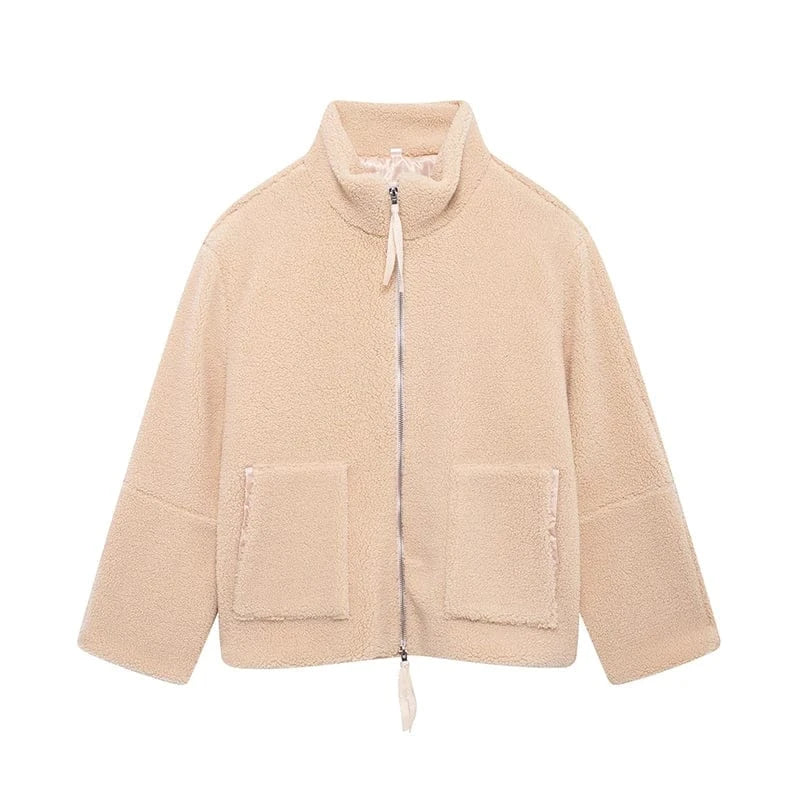 T-line Khaki / S 7 Color Autumn Winter  Faux  Fur  women Jacket , Loose Lamb Wool,  High Neck Woolen Coat Warm Overcoat  (2 weeks delivery)