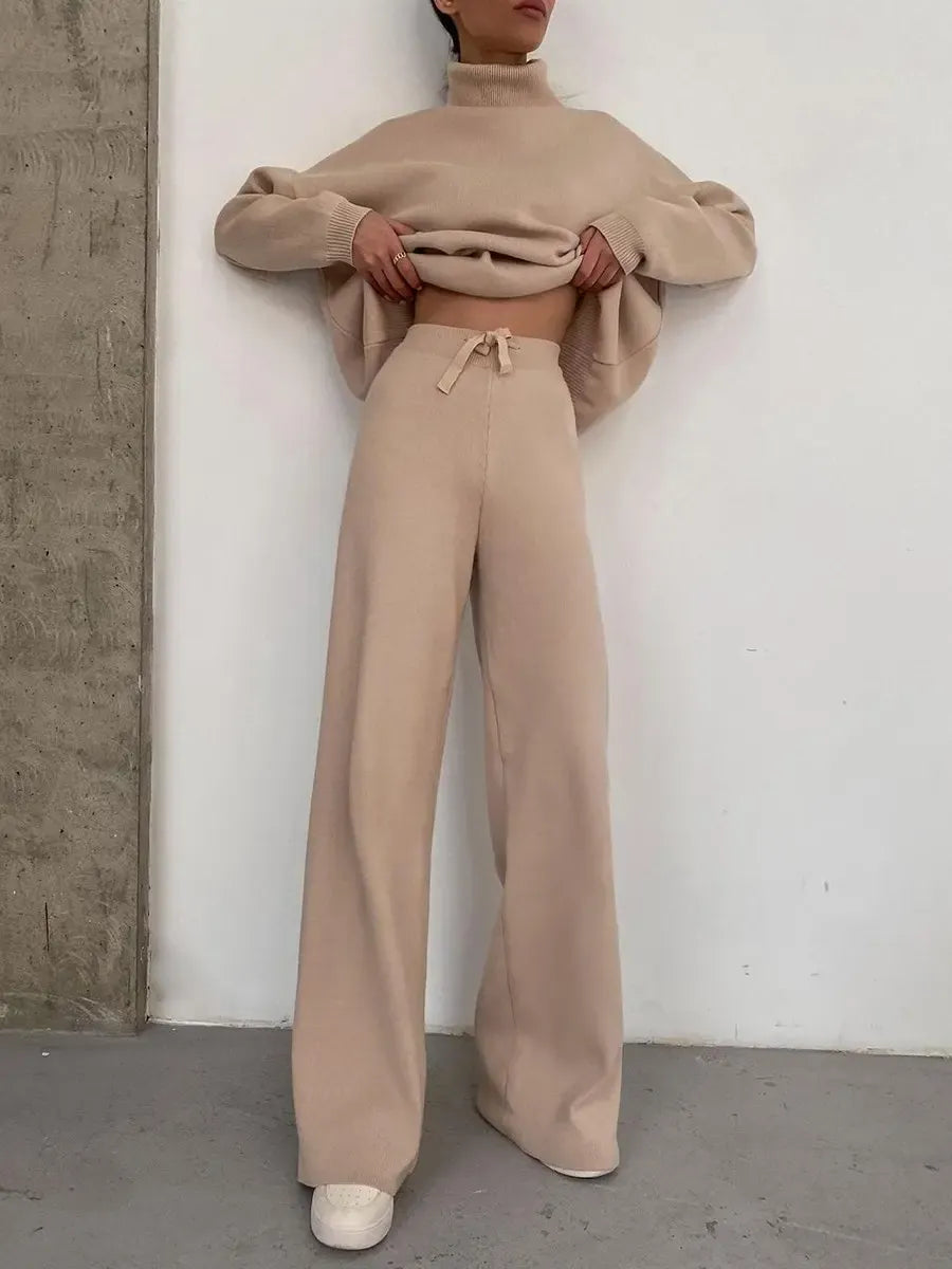 T-line Khaki / S Long Sleeve Brown Wide Leg Pants,   High Neck pullover,  Two Piece Sweater Set, suit  (2 weeks delivery)
