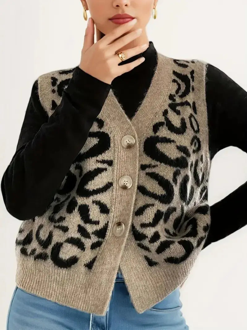 T-line Khaki / S Spring and summer new women's single-breasted V-neck leopard print sleeveless casual  vest knitted top(2 weeks delivery)