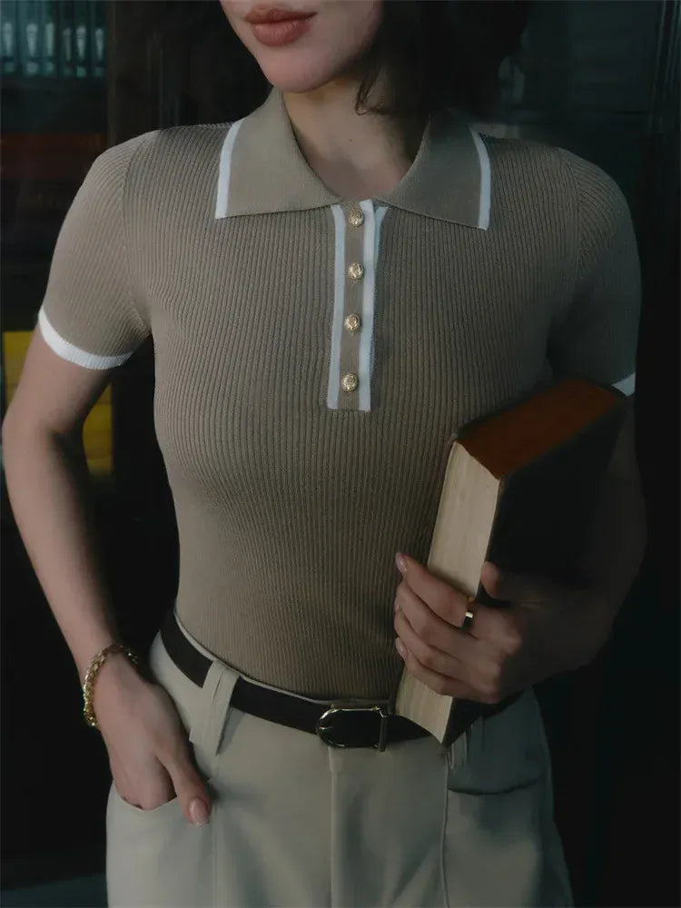 T-line Khaki / S Talenza Women's Knitted Pullover Fashion Short Sleeve Patchwork Sweater Top Elegant Slim Contrast Lapel Knitted Pullover Top