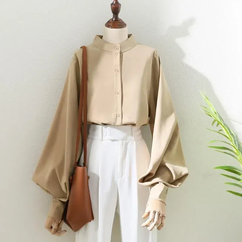 T-line Khaki / S Woman Blouses, Shirt,  Long Lantern Sleeve, Stand Collar, Loose Blusas, Tops  (2 weeks delivery)