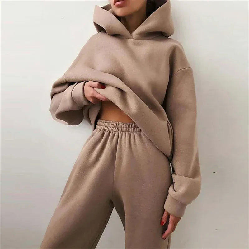 T-line Khaki / S Women's Oversized Tracksuit, Set, Warm, Autumn / winter,  Hoodie Sweatshirts & Long Pants,  2 Piece Solid, Hoody Pullover  (2 weeks delivery)