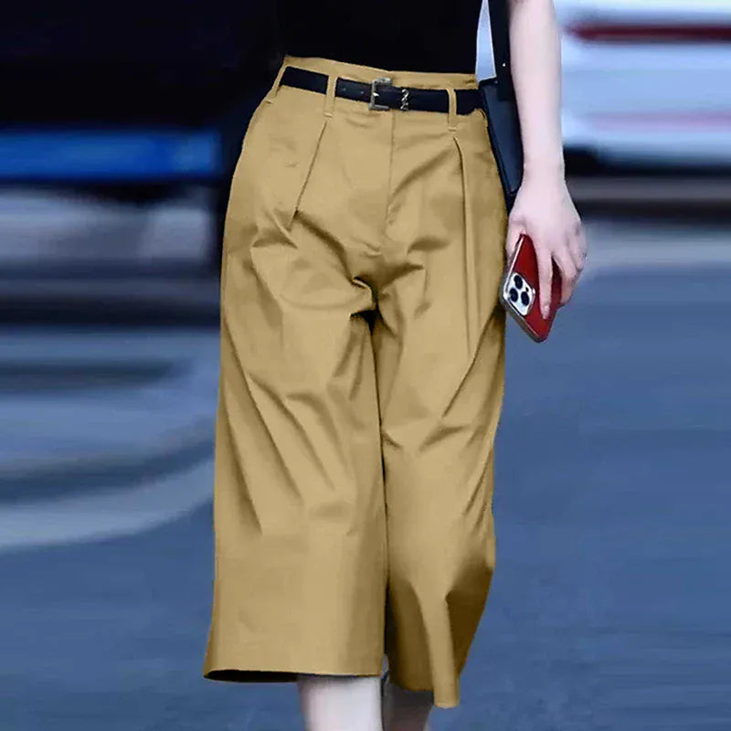 T-line Khaki / S Women  Trousers, Summer High Waist Calf-Length Pants, Solid color,  Pockets Wide Leg(2 weeks delivery)
