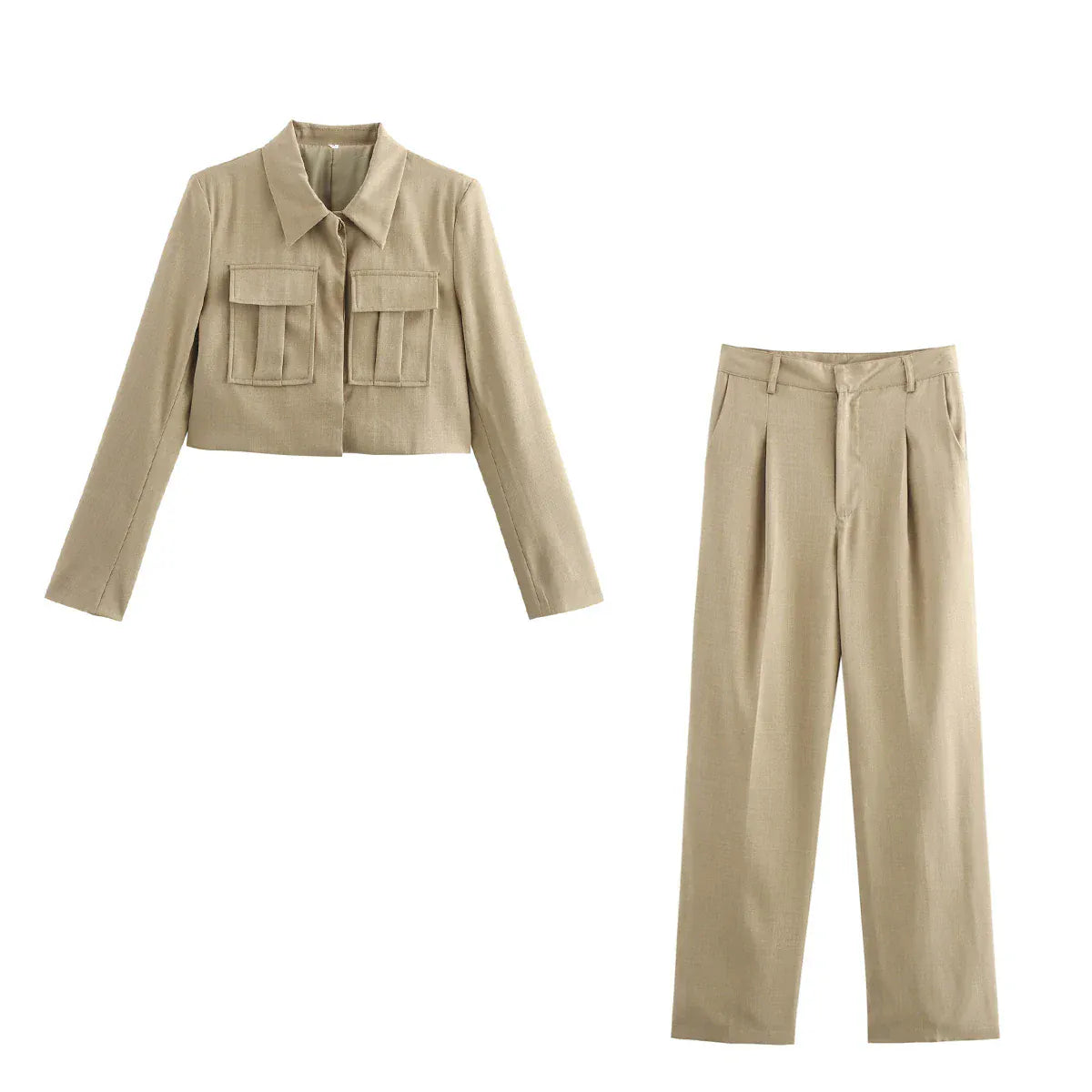 T-line Khaki Set / S Casual Short Blazer, Suit , Women, Pockets,  Jacket with Pants,   Blazer Suit (we recommend a larger size)(2 weeks delivery)