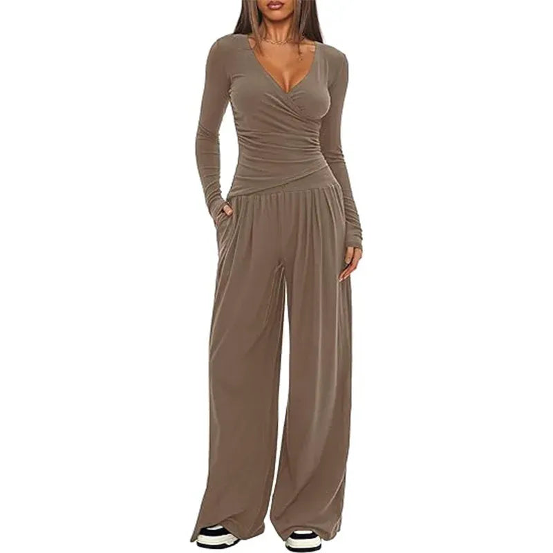 T-line Khaki / XS wide leg pants set, women's long sleeves top  (5 - 10  work days free delivery)