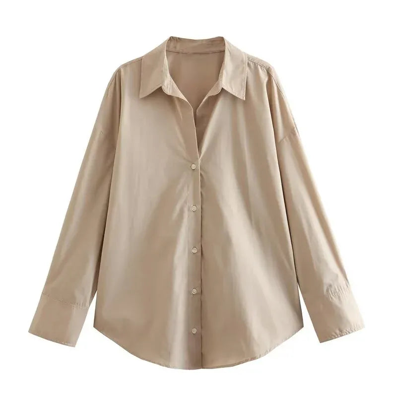 T-line Khaki / XS women's  striped, long sleeve, lapel, loose,  poplin shirt multi-color (2 weeks delivery)