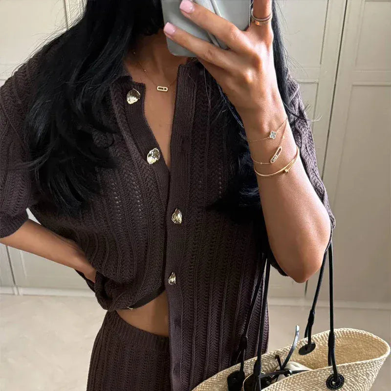 T-line Knitted Pants, top  women Set,  Half Sleeve Tops Elastic Waist Straight Trousers, pant, Autumn (2 weeks delivery)