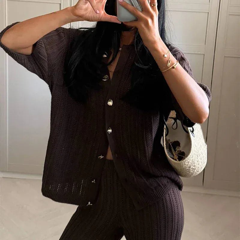 T-line Knitted Pants, top  women Set,  Half Sleeve Tops Elastic Waist Straight Trousers, pant, Autumn (2 weeks delivery)