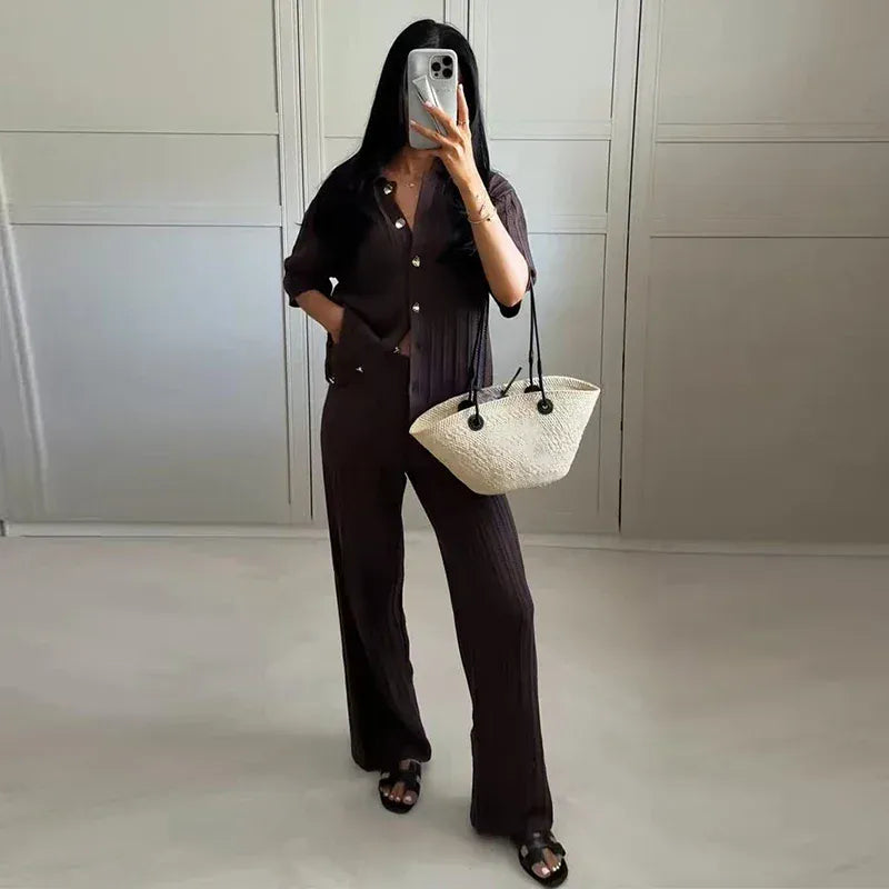 T-line Knitted Pants, top  women Set,  Half Sleeve Tops Elastic Waist Straight Trousers, pant, Autumn (2 weeks delivery)