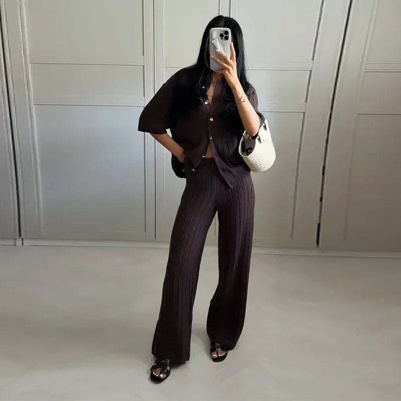 T-line Knitted Pants, top  women Set,  Half Sleeve Tops Elastic Waist Straight Trousers, pant, Autumn (2 weeks delivery)