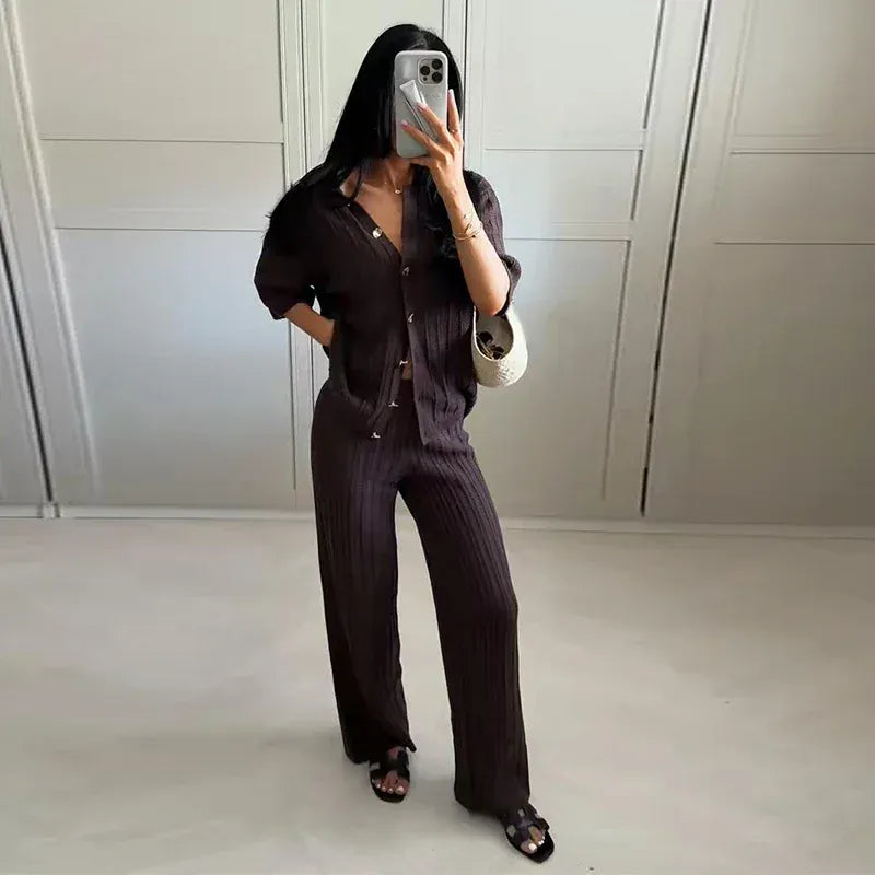 T-line Knitted Pants, top  women Set,  Half Sleeve Tops Elastic Waist Straight Trousers, pant, Autumn (2 weeks delivery)