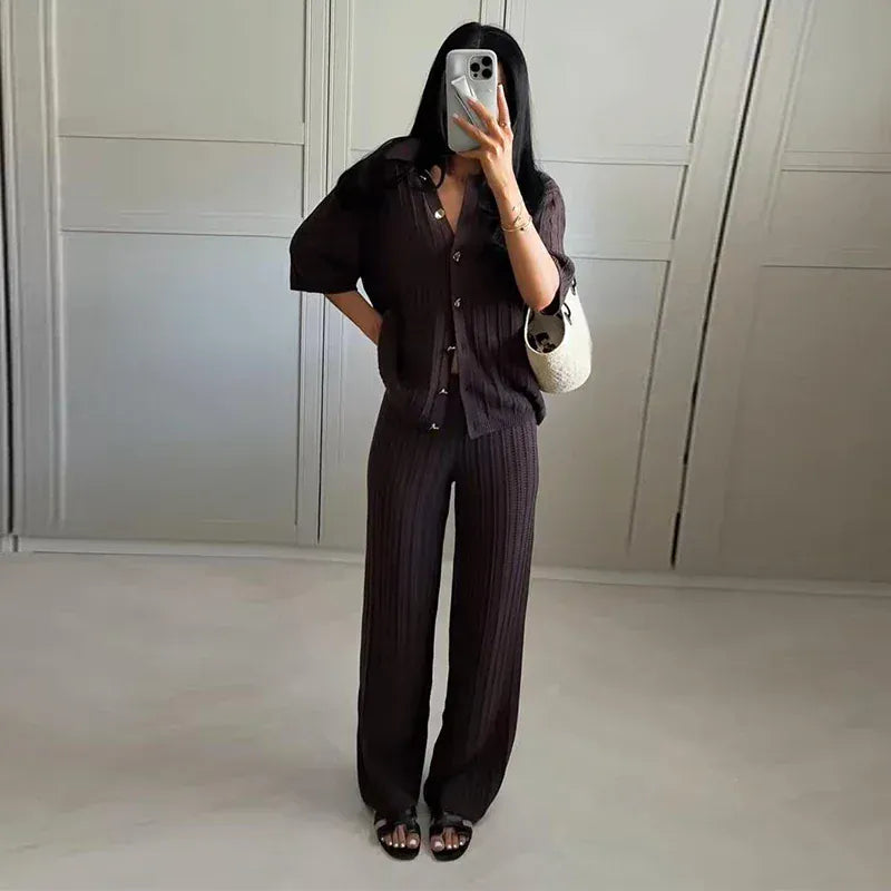 T-line Knitted Pants, top  women Set,  Half Sleeve Tops Elastic Waist Straight Trousers, pant, Autumn (2 weeks delivery)