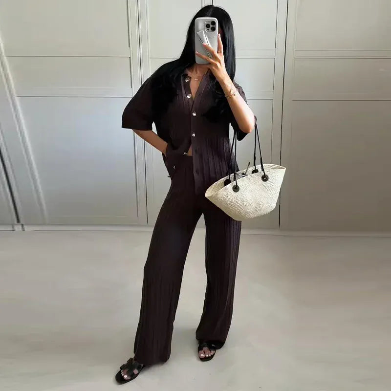 T-line Knitted Pants, top  women Set,  Half Sleeve Tops Elastic Waist Straight Trousers, pant, Autumn (2 weeks delivery)