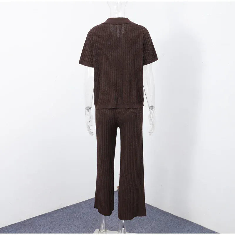 T-line Knitted Pants, top  women Set,  Half Sleeve Tops Elastic Waist Straight Trousers, pant, Autumn (2 weeks delivery)