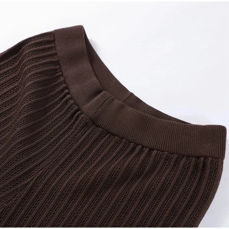 T-line Knitted Pants, top  women Set,  Half Sleeve Tops Elastic Waist Straight Trousers, pant, Autumn (2 weeks delivery)