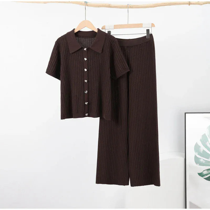 T-line Knitted Pants, top  women Set,  Half Sleeve Tops Elastic Waist Straight Trousers, pant, Autumn (2 weeks delivery)