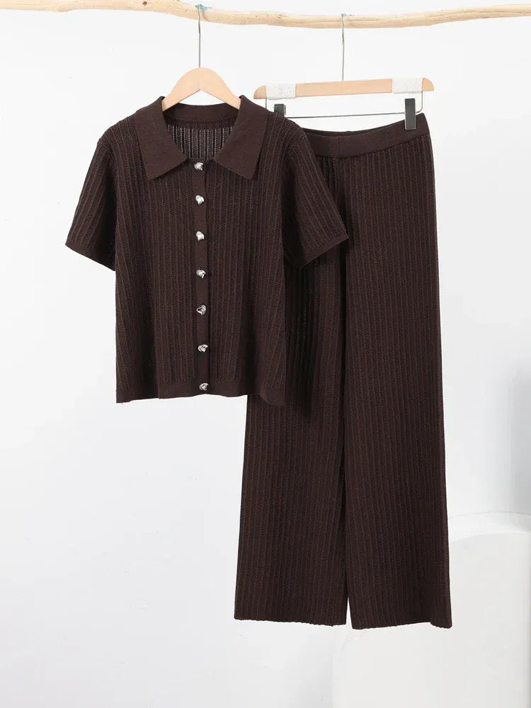 T-line Knitted Pants, top  women Set,  Half Sleeve Tops Elastic Waist Straight Trousers, pant, Autumn (2 weeks delivery)