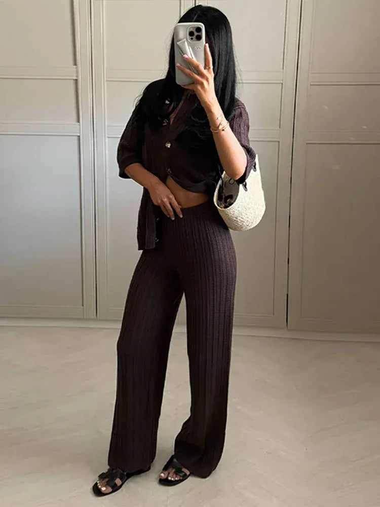 T-line Knitted Pants, top  women Set,  Half Sleeve Tops Elastic Waist Straight Trousers, pant, Autumn (2 weeks delivery)
