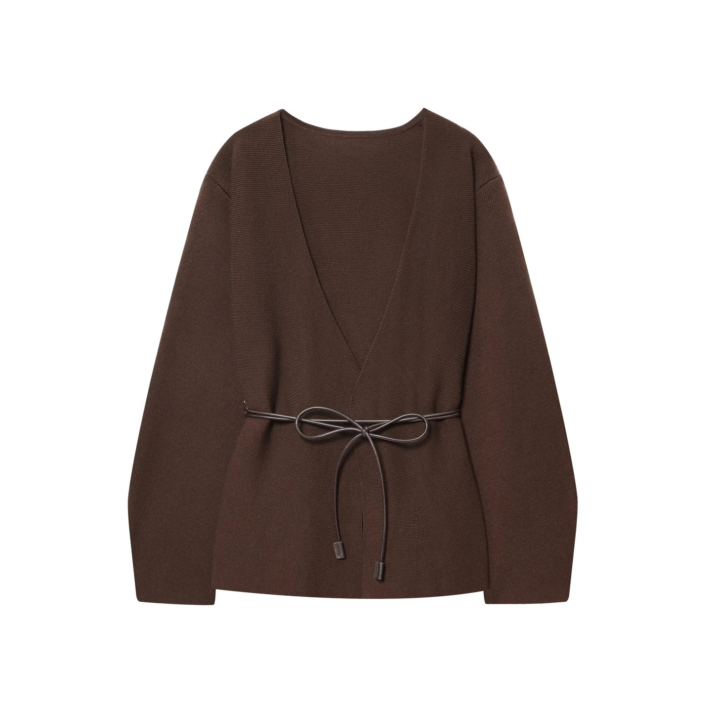 T-line KONDALA Casual Chic Brown Knit Cardigans Women V Neck Long Sleeve Sashes Loose Sweaters Fashion 2025 Fall Winter Office Lady Top