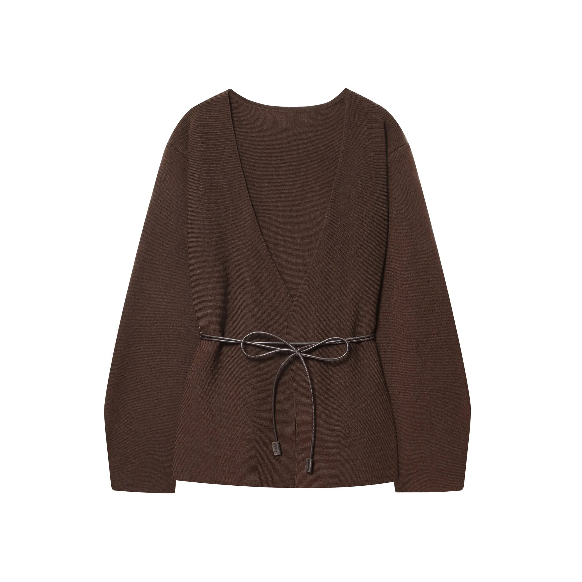 T-line KONDALA Casual Chic Brown Knit Cardigans Women V Neck Long Sleeve Sashes Loose Sweaters Fashion 2025 Fall Winter Office Lady Top