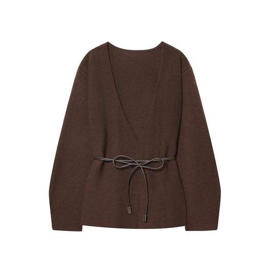 T-line KONDALA Casual Chic Brown Knit Cardigans Women V Neck Long Sleeve Sashes Loose Sweaters Fashion 2025 Fall Winter Office Lady Top