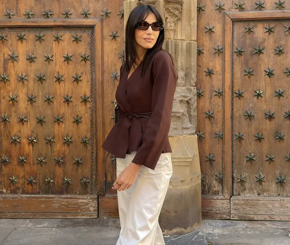 T-line KONDALA Casual Chic Brown Knit Cardigans Women V Neck Long Sleeve Sashes Loose Sweaters Fashion 2025 Fall Winter Office Lady Top