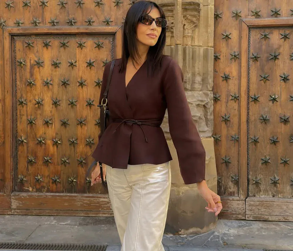 T-line KONDALA Casual Chic Brown Knit Cardigans Women V Neck Long Sleeve Sashes Loose Sweaters Fashion 2025 Fall Winter Office Lady Top