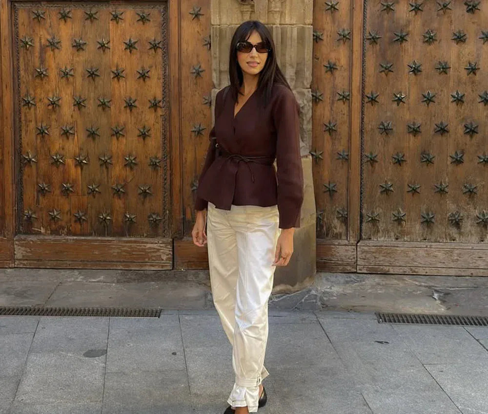 T-line KONDALA Casual Chic Brown Knit Cardigans Women V Neck Long Sleeve Sashes Loose Sweaters Fashion 2025 Fall Winter Office Lady Top