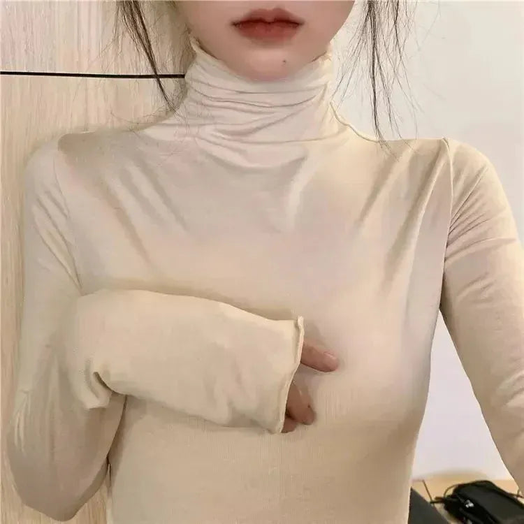 T-line L / APRICOT Women's Half Polo Turtle Neck Base Layer Top New Spring Autumn Winter White Long Sleeve T-Shirt Wooden Ear Decoration Stylish Hi