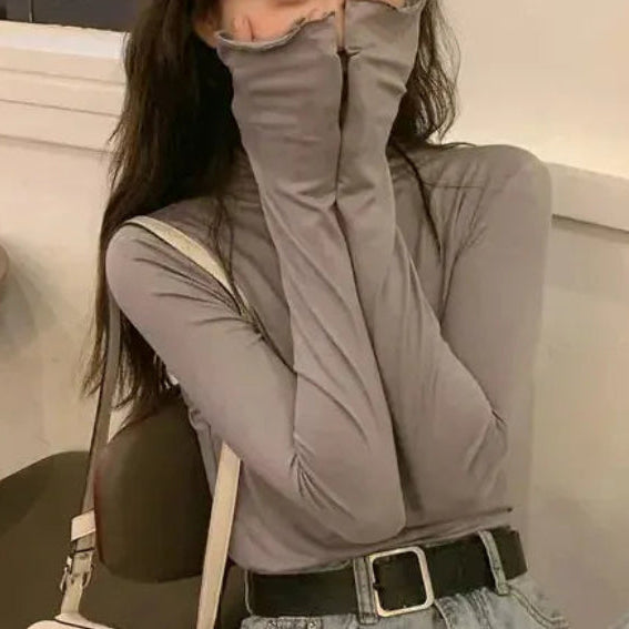 T-line L / GRAY Women's Half Polo Turtle Neck Base Layer Top New Spring Autumn Winter White Long Sleeve T-Shirt Wooden Ear Decoration Stylish Hi