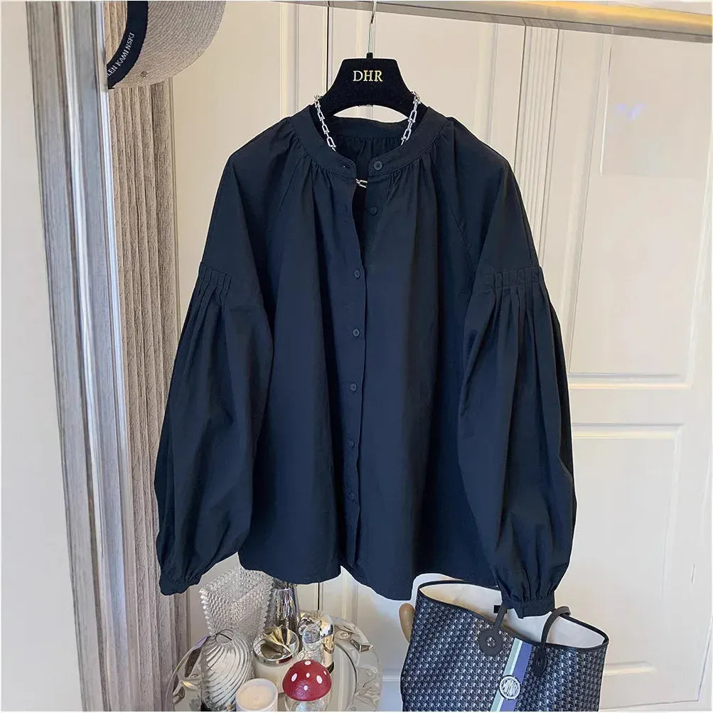 T-line Lantern Sleeve Shirt, Loose Shirt, solid color,  Women's Button up Cotton Blend Shirt, blouse,  (2 weeks delivery)