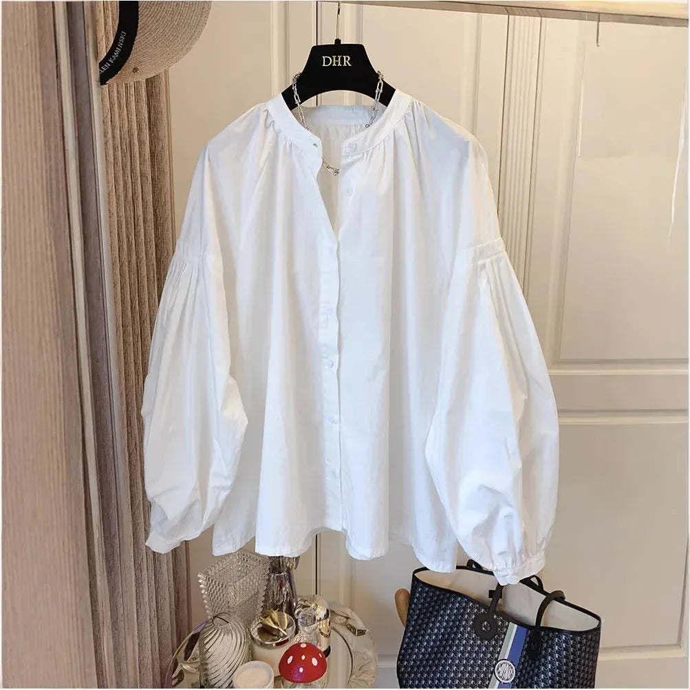 T-line Lantern Sleeve Shirt, Loose Shirt, solid color,  Women's Button up Cotton Blend Shirt, blouse,  (2 weeks delivery)