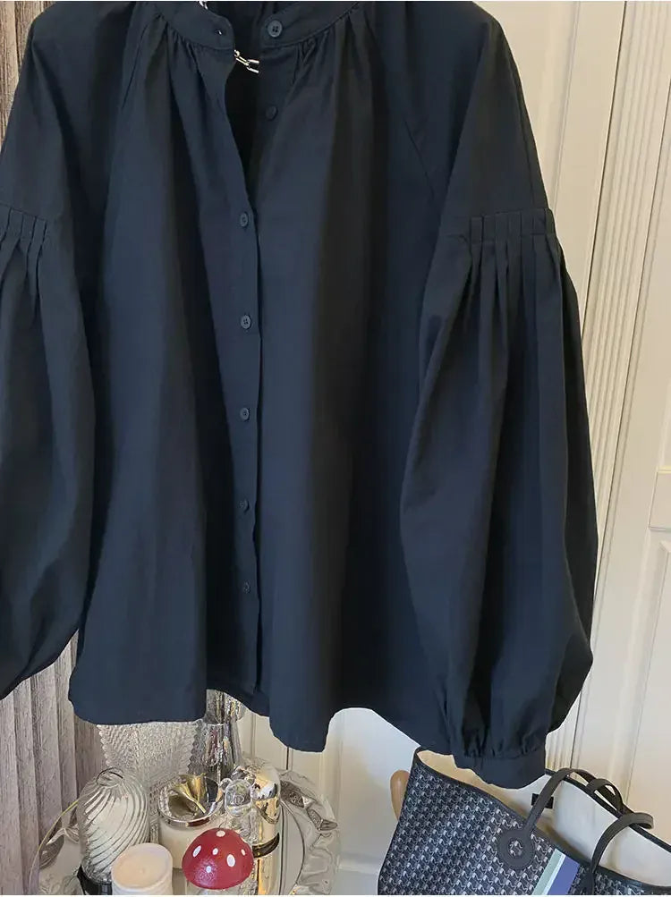 T-line Lantern Sleeve Shirt, Loose Shirt, solid color,  Women's Button up Cotton Blend Shirt, blouse,  (2 weeks delivery)