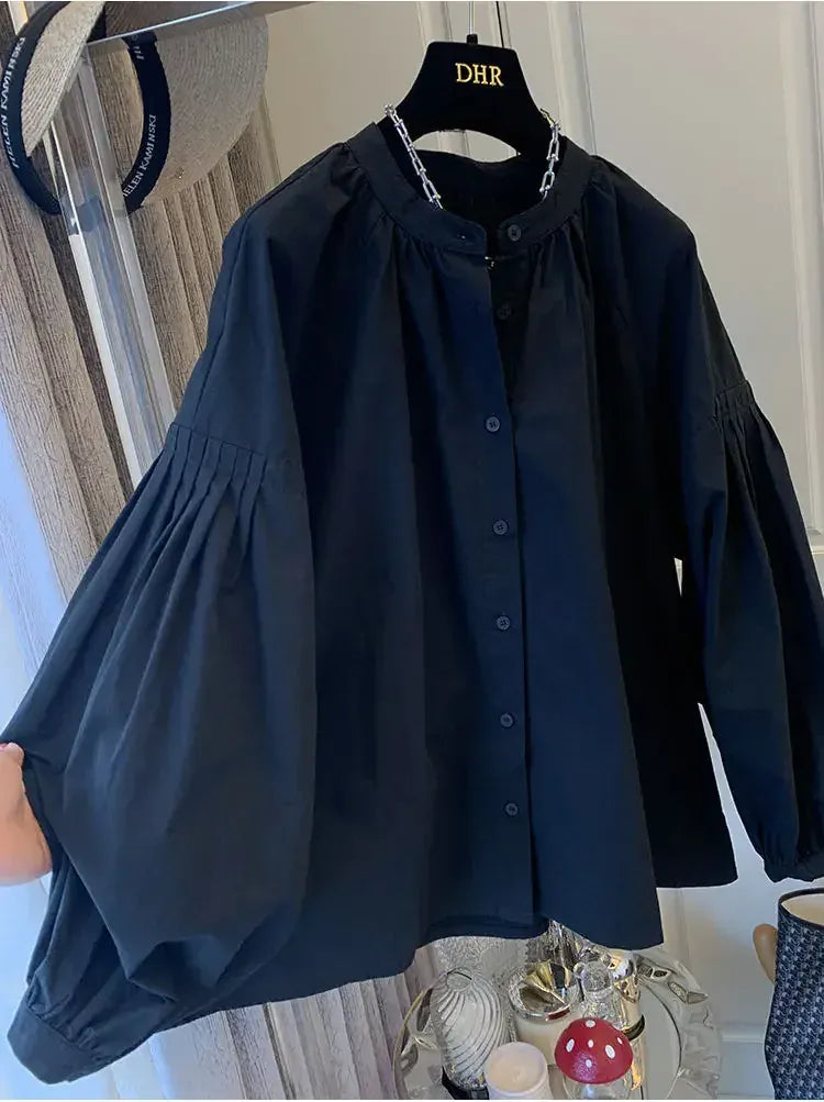 T-line Lantern Sleeve Shirt, Loose Shirt, solid color,  Women's Button up Cotton Blend Shirt, blouse,  (2 weeks delivery)