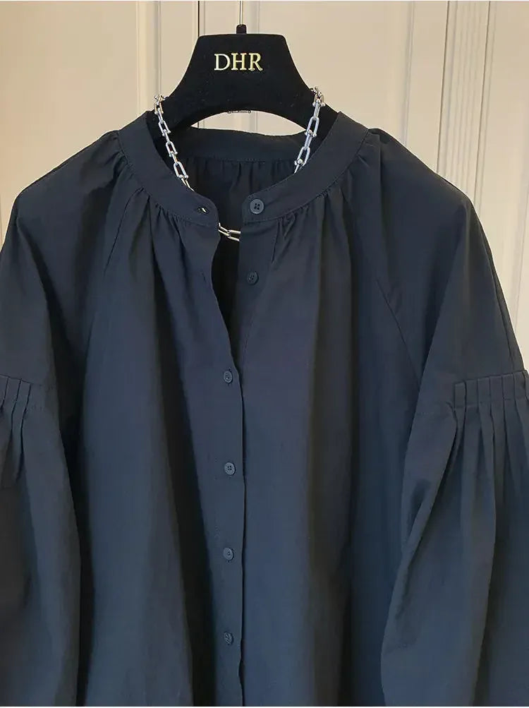 T-line Lantern Sleeve Shirt, Loose Shirt, solid color,  Women's Button up Cotton Blend Shirt, blouse,  (2 weeks delivery)