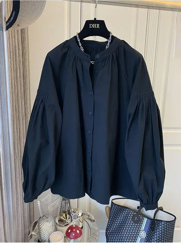 T-line Lantern Sleeve Shirt, Loose Shirt, solid color,  Women's Button up Cotton Blend Shirt, blouse,  (2 weeks delivery)