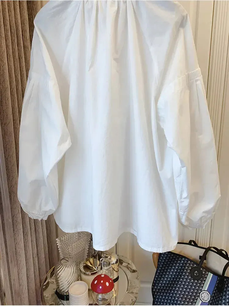 T-line Lantern Sleeve Shirt, Loose Shirt, solid color,  Women's Button up Cotton Blend Shirt, blouse,  (2 weeks delivery)