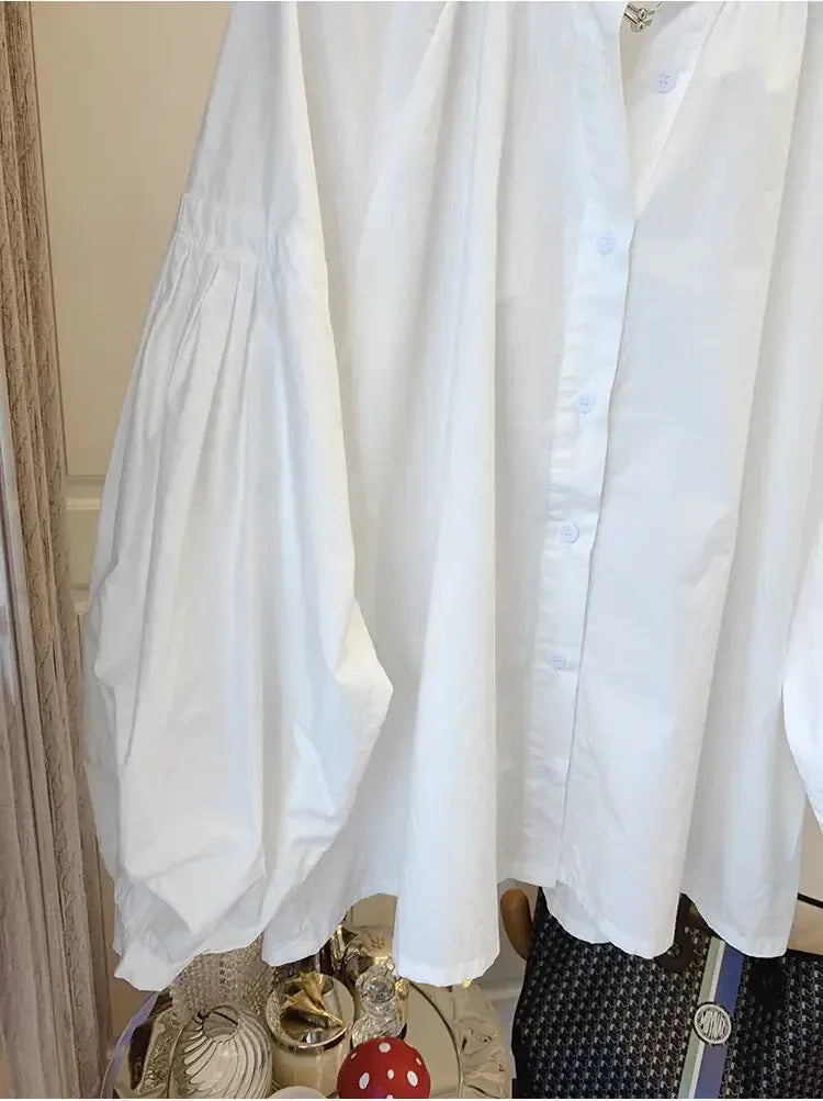 T-line Lantern Sleeve Shirt, Loose Shirt, solid color,  Women's Button up Cotton Blend Shirt, blouse,  (2 weeks delivery)