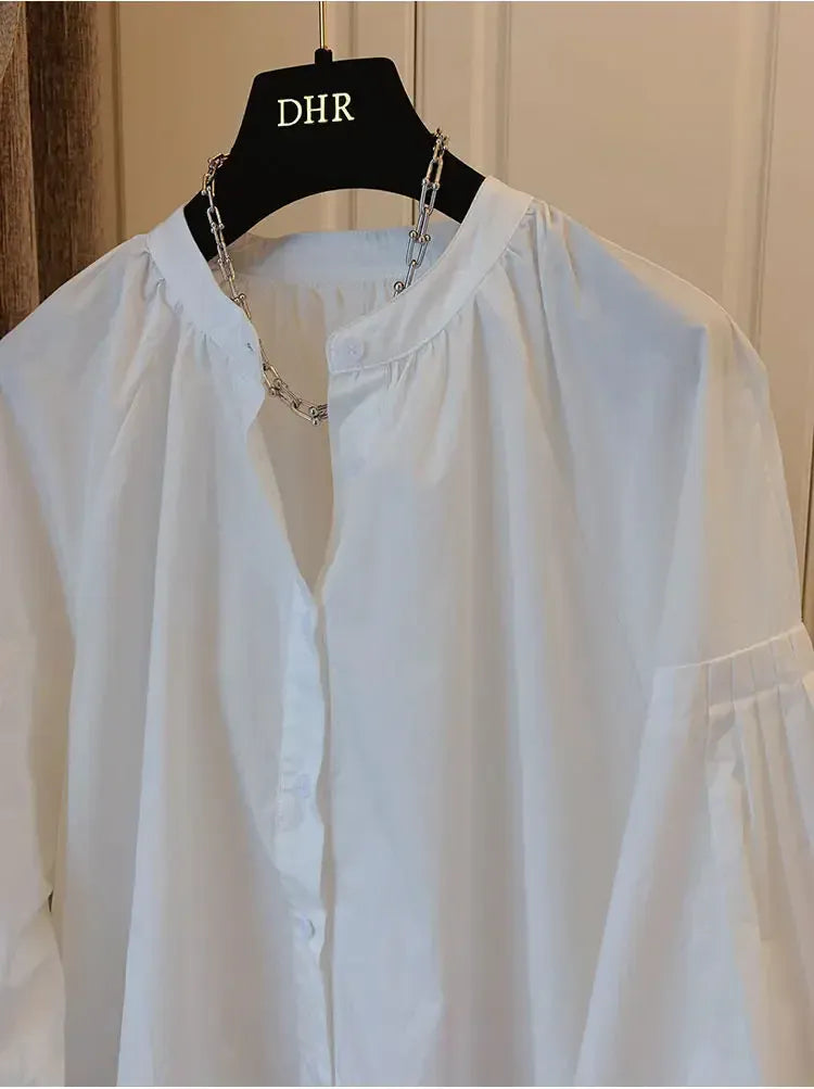 T-line Lantern Sleeve Shirt, Loose Shirt, solid color,  Women's Button up Cotton Blend Shirt, blouse,  (2 weeks delivery)