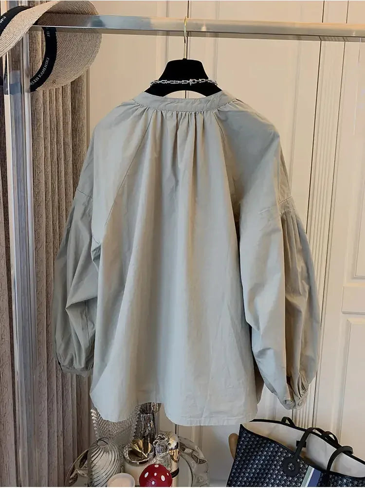 T-line Lantern Sleeve Shirt, Loose Shirt, solid color,  Women's Button up Cotton Blend Shirt, blouse,  (2 weeks delivery)