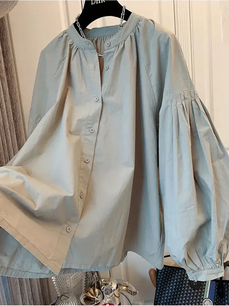 T-line Lantern Sleeve Shirt, Loose Shirt, solid color,  Women's Button up Cotton Blend Shirt, blouse,  (2 weeks delivery)