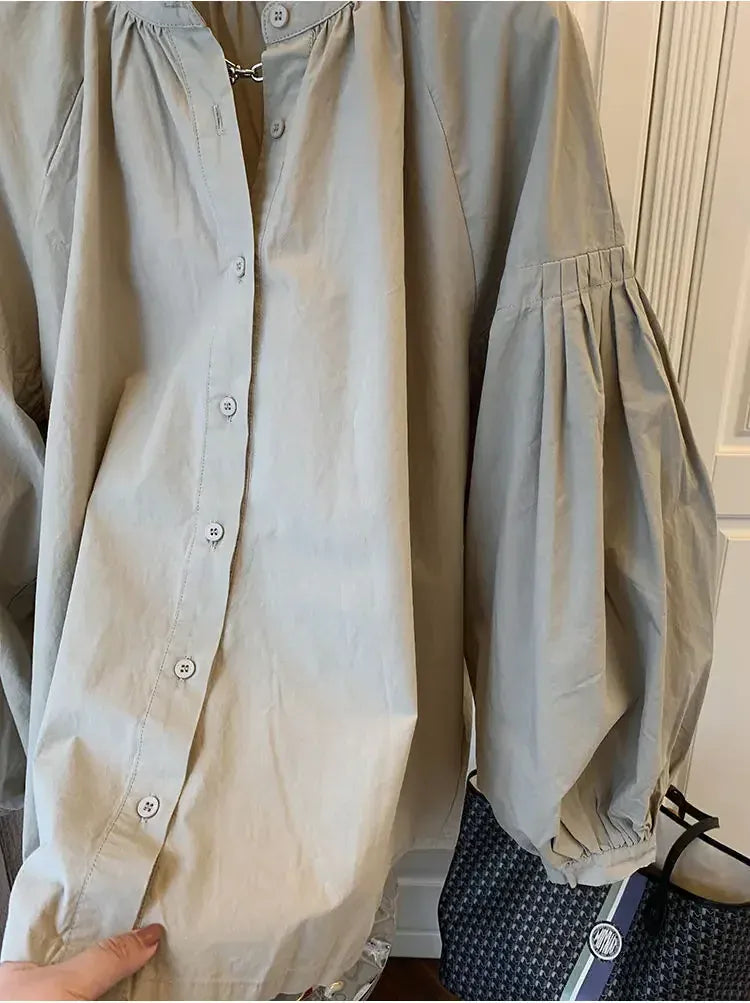 T-line Lantern Sleeve Shirt, Loose Shirt, solid color,  Women's Button up Cotton Blend Shirt, blouse,  (2 weeks delivery)